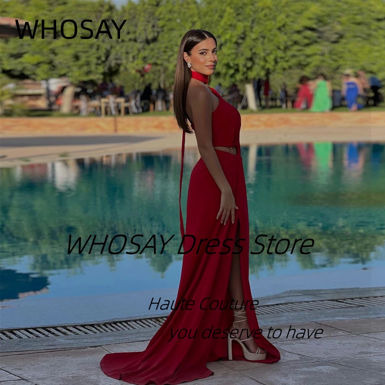 

WHOSAY Vestidos Prom Dresses Side Slit Long Sweep Train Evening Gowns Halter Neck Sexy Backless Wedding Party Women Wear