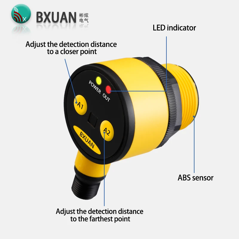 BXUAN 24V Ultrasonic Water Level Sensor Proximity Switch NPN/PNP Output 50-500mm Switch Quantity