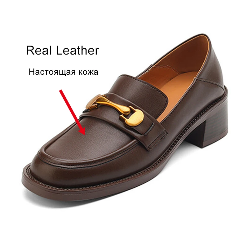 JOZHAMTA Size 33-43 Women Loafers Pumps Casual Real Leather Chunky Mid Heels Shoes Fashion Chain Vintage Brown Office Dress Shoe