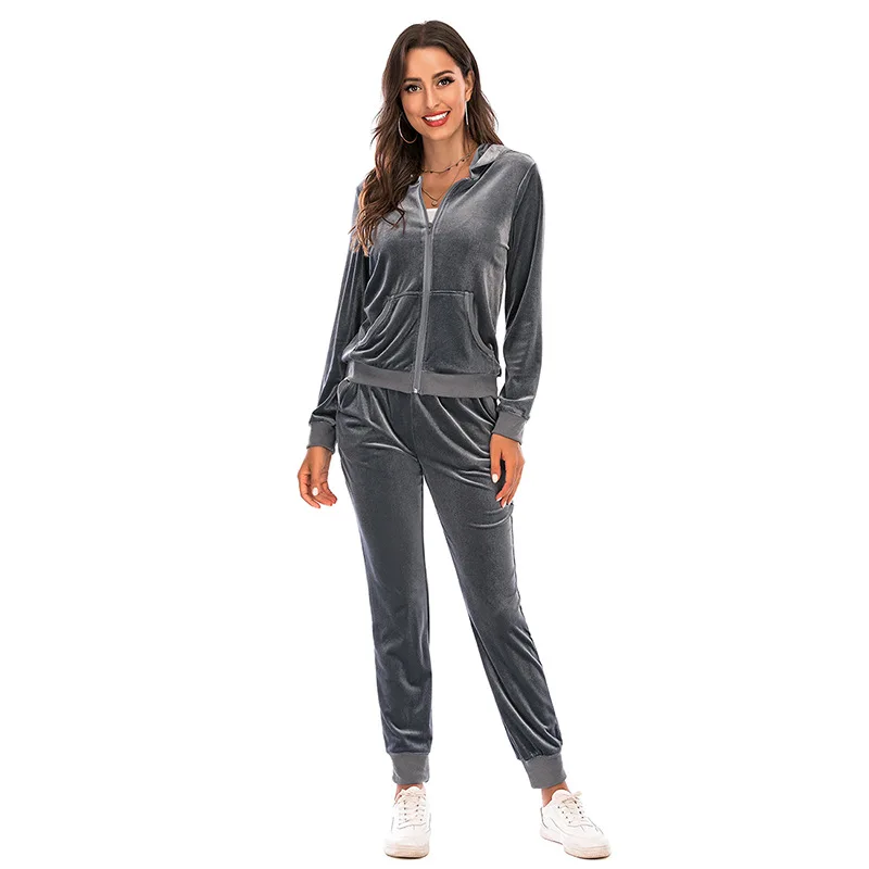 Velour Tracksuit Womens 2 Piece Sweatshirt Sweatpants Set Hoodie Sweatsuit with Pockets Casual Sportswear Autumn Winter Gym