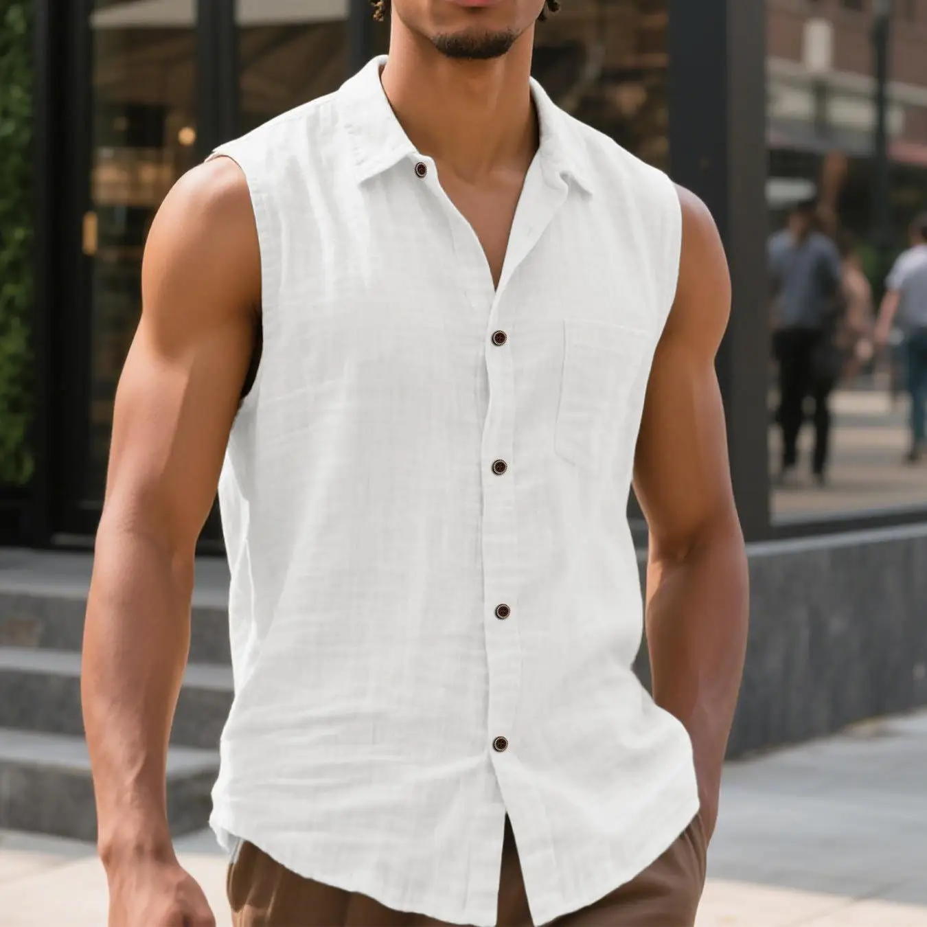 

Men's Casual Sleeveless Collared Shirt Linen Material Pure Color Summer 2025 Daily Wear Comfortable Light Weight Unisex Style