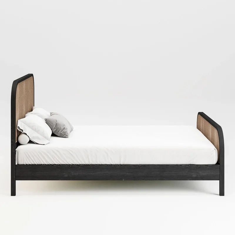 Furniture: Vintage style backrest rattan bed, solid wood bed, master bedroom double bed
