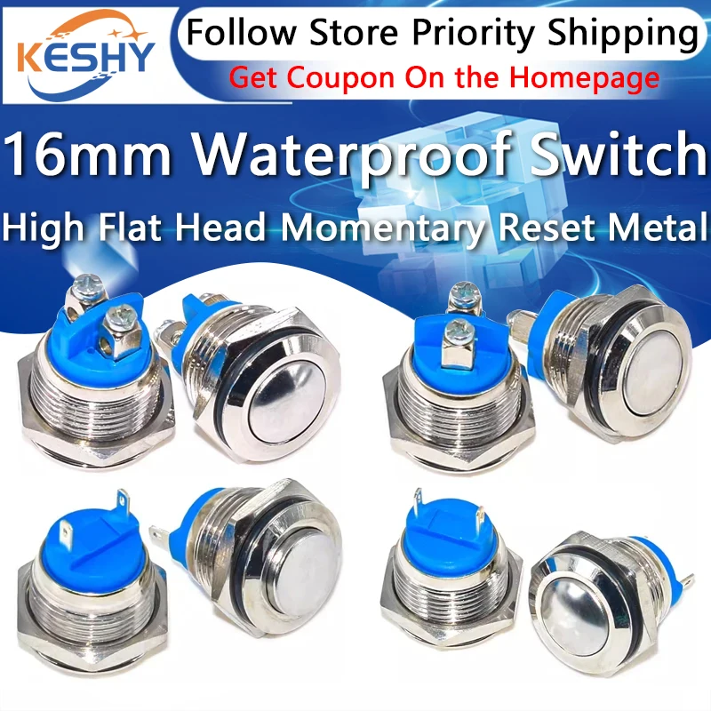 

16mm 1NO High Flat Head Waterproof Momentary Reset Metal Push Button Switch Screw Terminal Car Engine Doorbell PC Power Switch