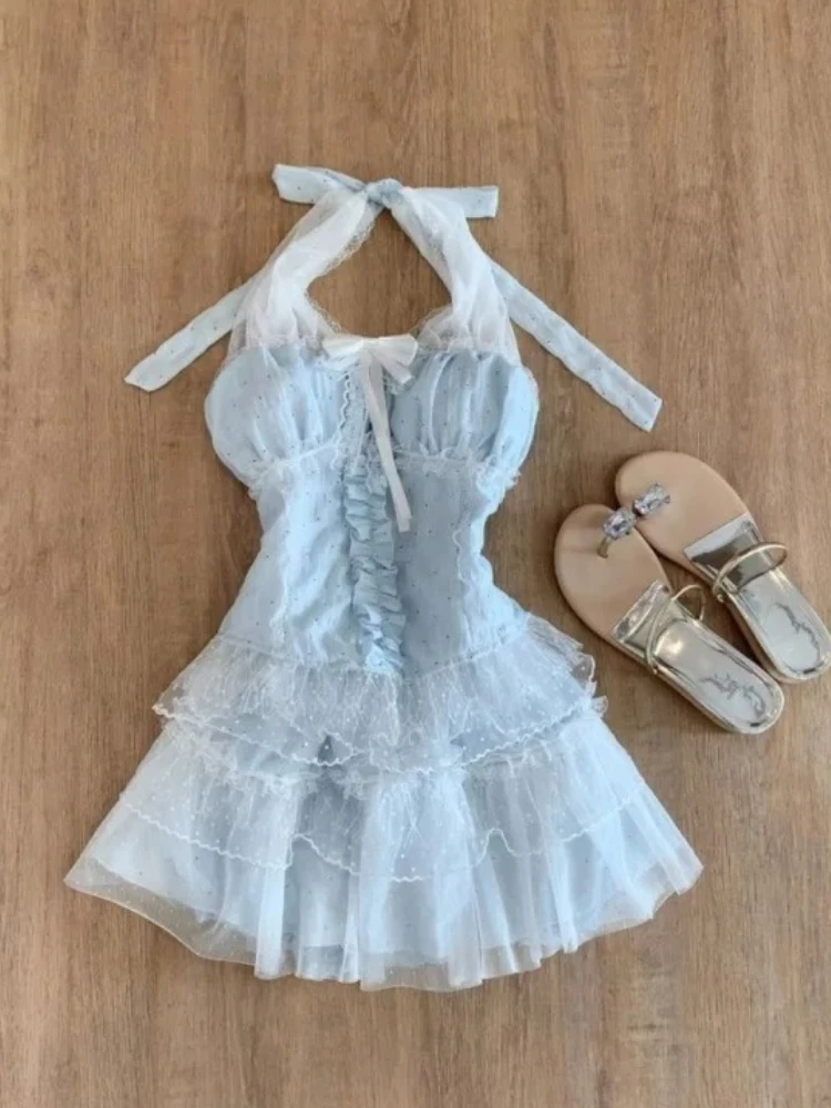 

French Sweet Elegant 2 Piece Set Y2k Women Polka Dot Bow Halter Tops + Mini Skirt Female Sexy Cute Lace Party Outfits New Summer