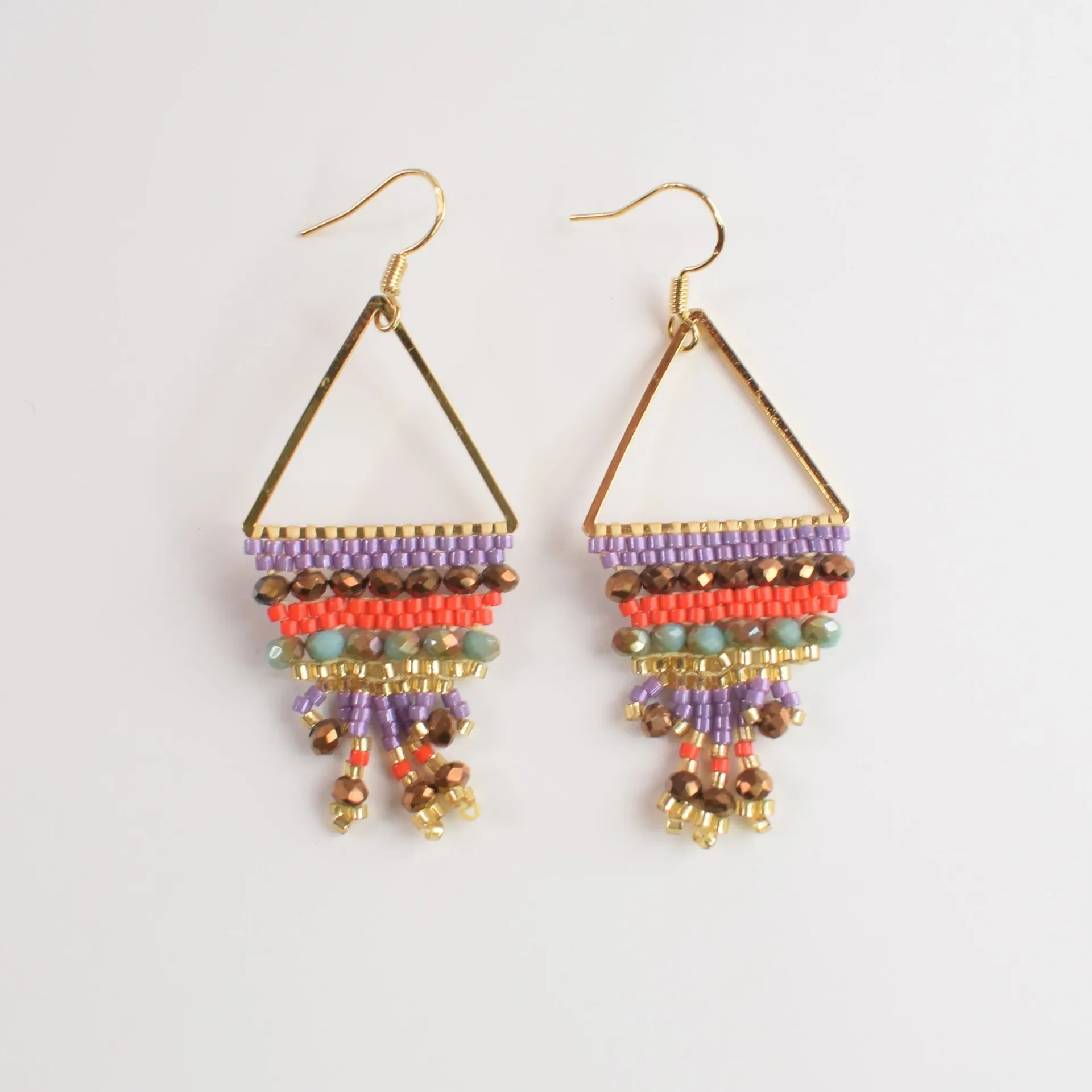 Rice bead earrings Triangle Tassel Tide Hand knitting Bohemia Crystal Simple Geometry Alloy Beaded earrings