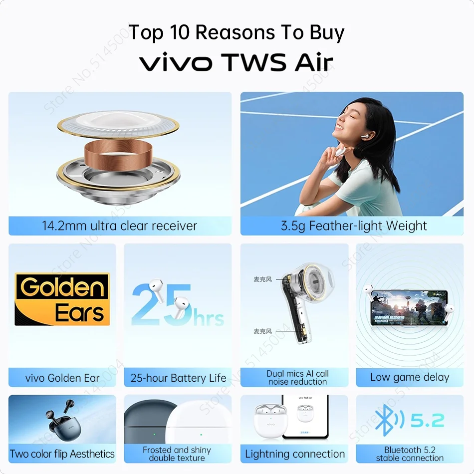 Vivo TWS Air TWS Earphone Bluetooth 5.2 Dual Mic AI Noise Cancelling Wireless Headphone 25 Battery Life 14.2mm For Vivo X80 Pro