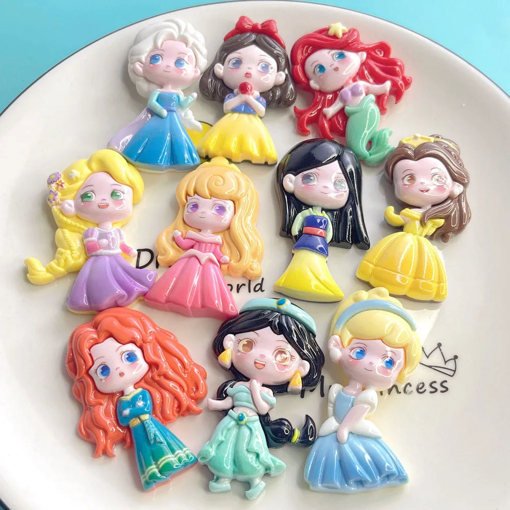 10Pcs/Set Disney Princess Snow White Elsa Anna Rapunzel Jasmine Sofia Ariel Mulan Cinderella Resin Model Girls Toys DIY Ornament