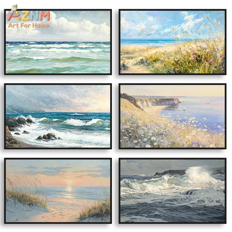 AZNM Vintage Coastal Ocean Landscape Oil Painting Canvas Wall Art Seaside Waves Dune Wildflower Cliff Sunset Scenery Classic Nau