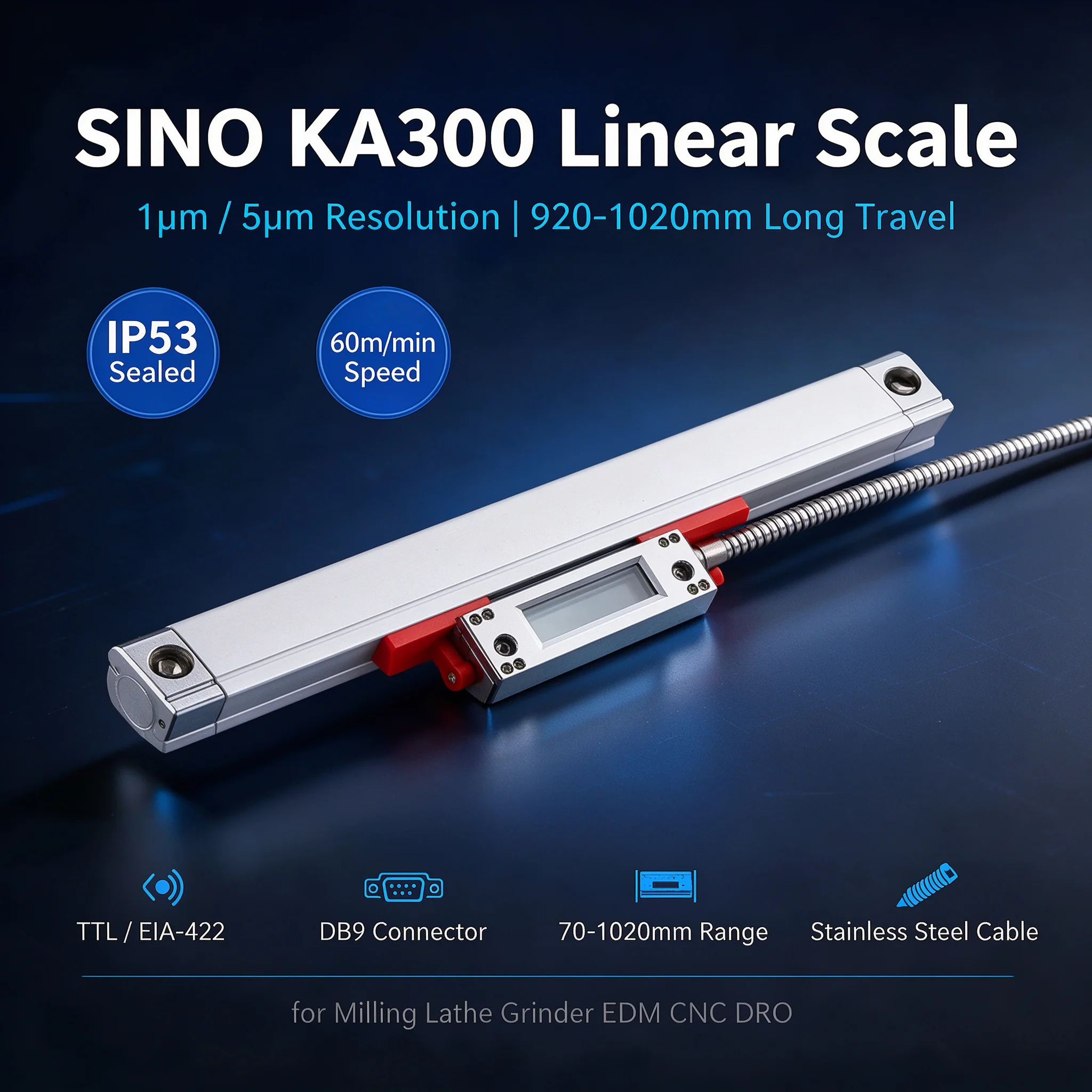 SINO KA300 Linear Scale 1μm/5μm Resolution 920-1020mm Travel DRO Encoder IP53 60m/min TTL DB9 for Milling Lathe Grinder