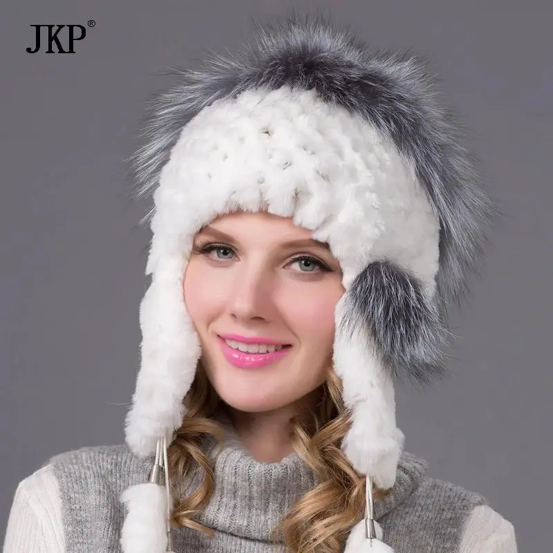 

New Real Rex Rabbit Fur Women's Autumn And Winter Warm Caps Ear Fox Fur Ball Jewelry Fashion Rabbit Fur Knit Hat Female THY-11