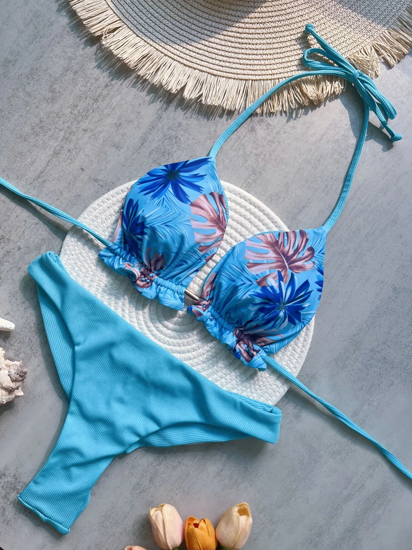 Leaves Printed Halter High Leg Cut Bikini Women Swimwear Female Swimsuit Two-pieces Bikini set Bather Bathing Suit Swim