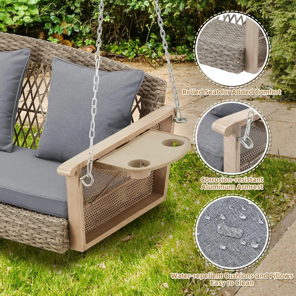 3-Person Porch Swing 55in Wicker Hanging Swing Bench with Cushions Cupholders Swing Chair with Chains 800lbs Capacity  (Grey)