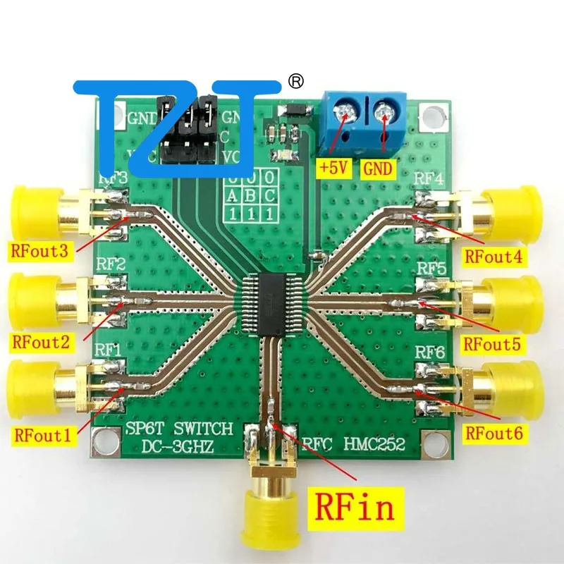 TZT HMC252 DC-3GHz RF Single-Pole Six-Throw Switch Non-reflective SP6T Switch Integrated 3:6 TTL Decoder