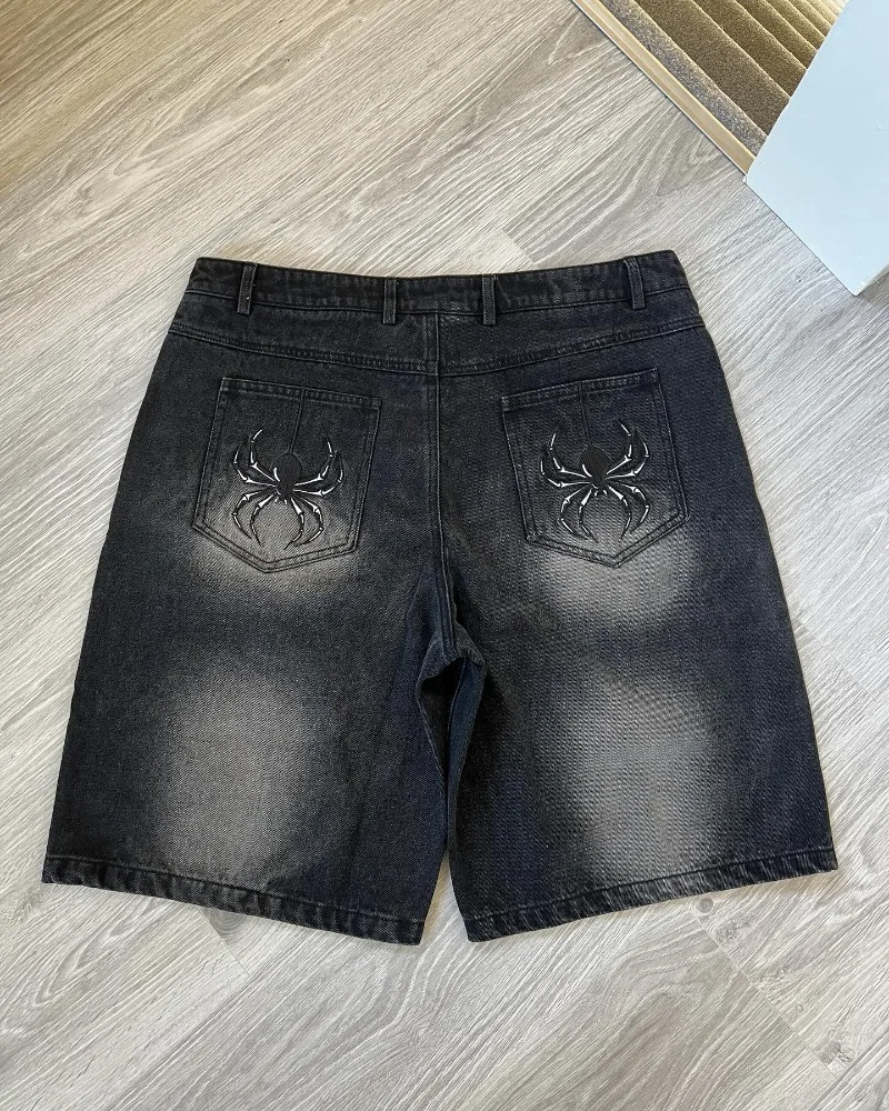 Short en denim brodé araignée pour femme, pantalon décontracté nickel é noir, jean de sport décontracté High Street, tendance de la rue Hip Hop, Y2k