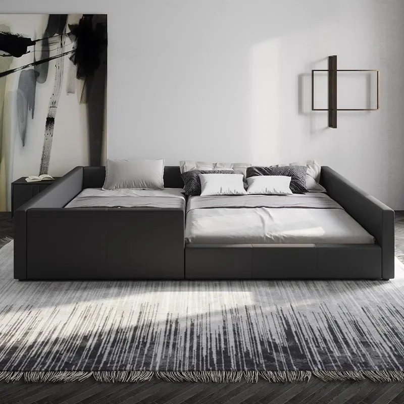 King size bed 3 meters mother and child tatami, splicing bed black leather bed