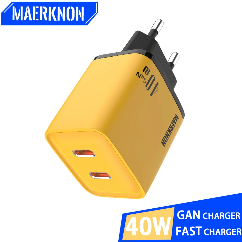 

40W GaN Charger Double 2 Ports Type C Fast Charging PD Mobile Phone High Speed Charger for IPhone Xiaomi Quick Charge Adapter