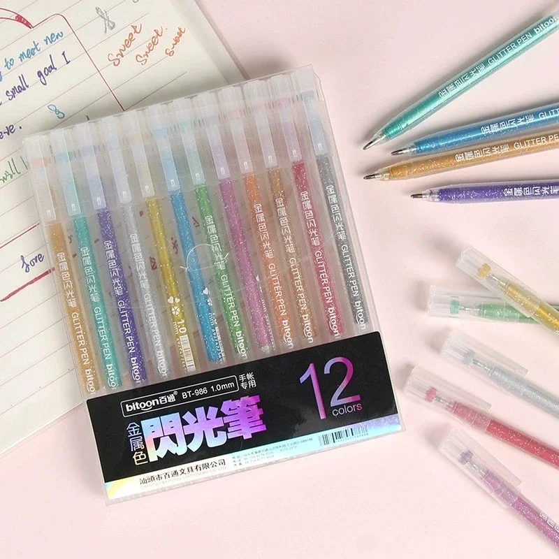 12 Pack Metallic Glitter Gel Pens 1.0mm Shimmer Ink for Scrapbooking Drawing DIY Hand‑Craft Coloring Art Stationery Supplies