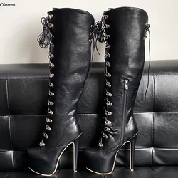 Olomm Handmade Women Winter Platform Knee Boots Lace Up Sexy Stiletto Heels Round Toe Black Club Unisex Shoes Plus US Size 5-20