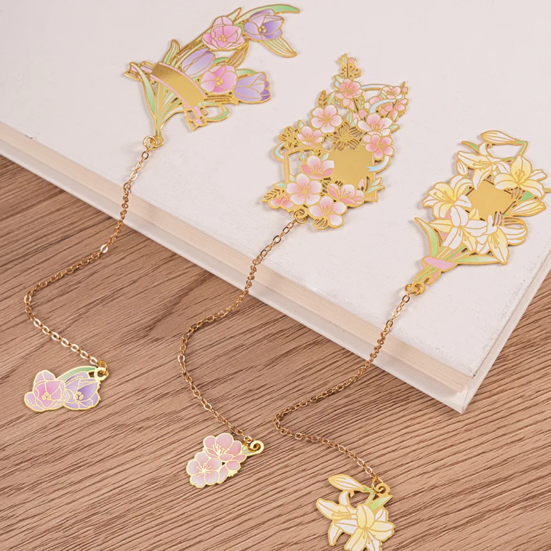 Chinese Style Flower Bookmark Metal Brass Hollow Tassel Book Clip Pagination Mark Student Gift Stationery School Office Supplies