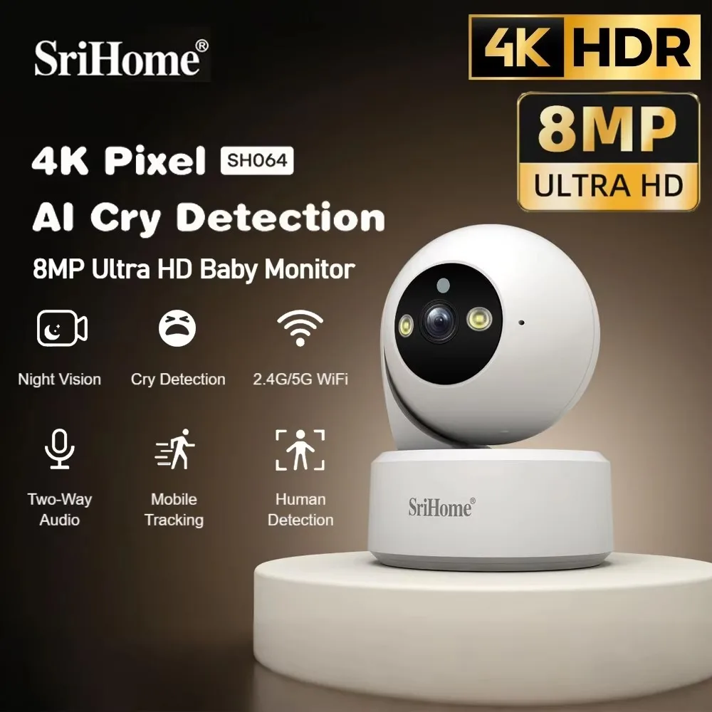 

Srihome 8MP UHD IP WIFI Camera 2.4G/5G WIFI PTZ Surveillance Security HD Baby Monitor Night Vision Indoor Mini PTZ Security CCTV