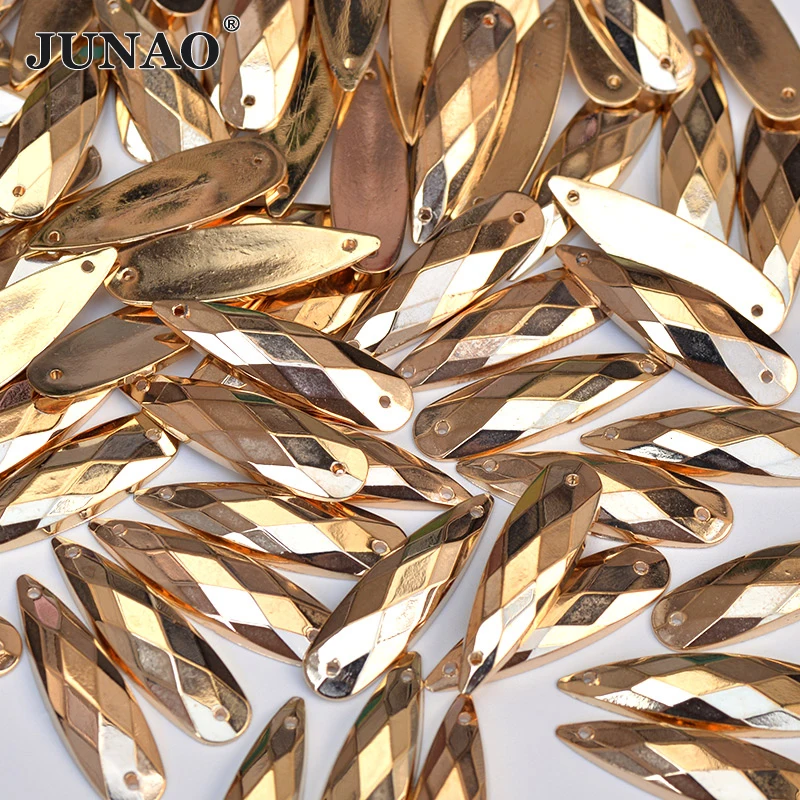 JUNAO 200Pcs 8*28mm Large Size Sewing Gold Teardrop Rhinestones Flatback Acrylic Crystal Stones Applique For Clothing Make