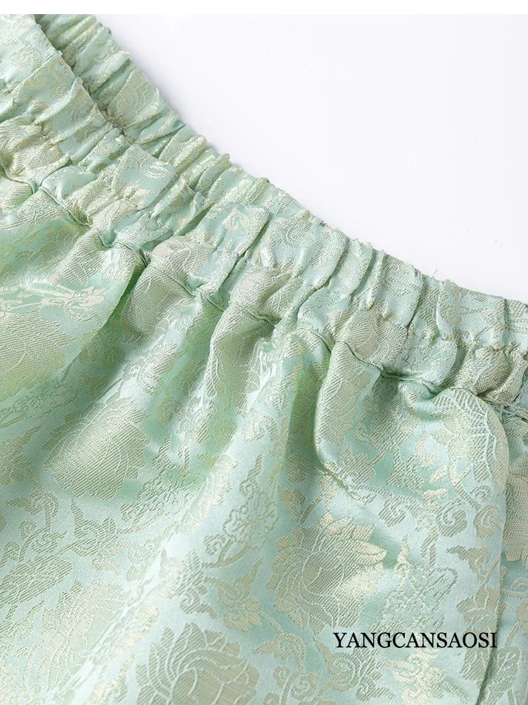 Woven Gold Jacquard Satin 30MM Heavy-duty 100% Natural Mulberry Silk Elastic Waist Loose Women's Casual Mint Green Harem Pants