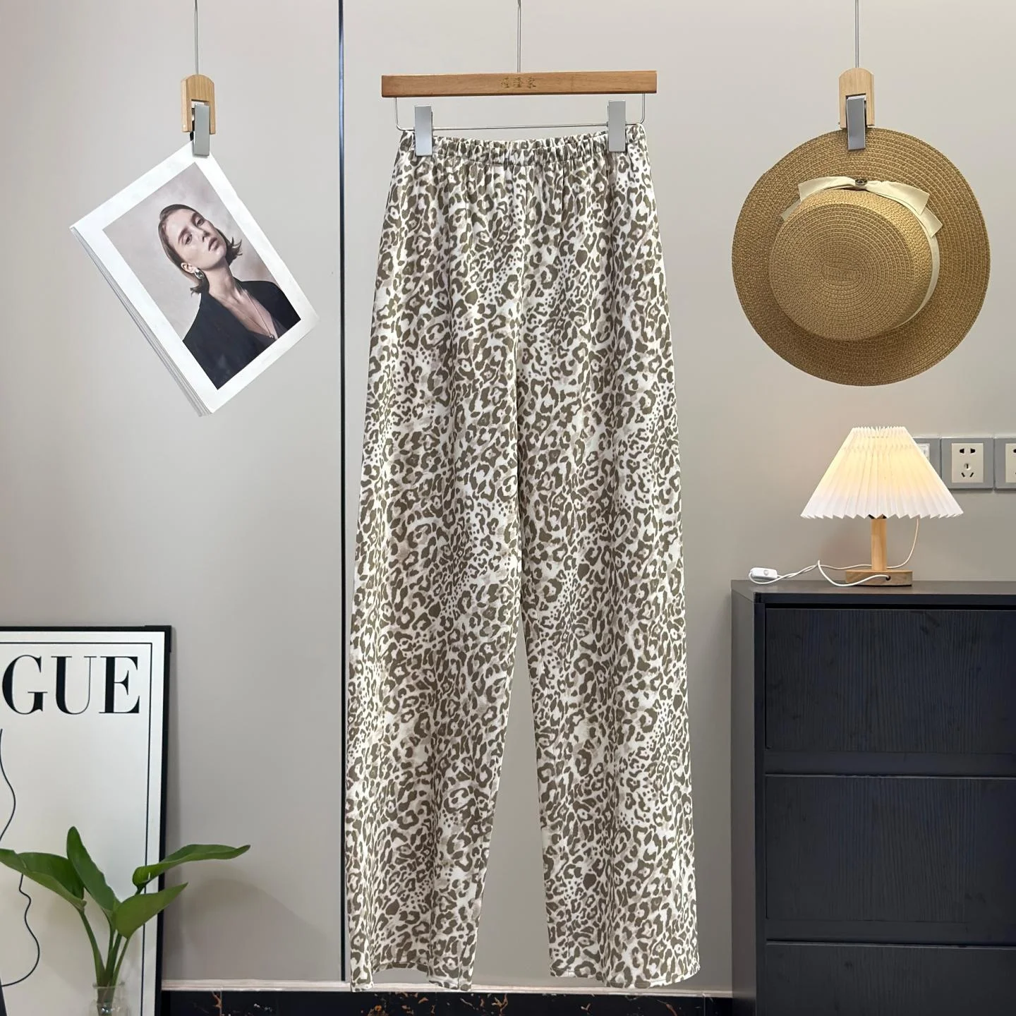  Lightweight Leopard Print Casual Pants Women Summer Acetate Fiber Straight Leg Loose Waist Cool Feeling Long Trousers