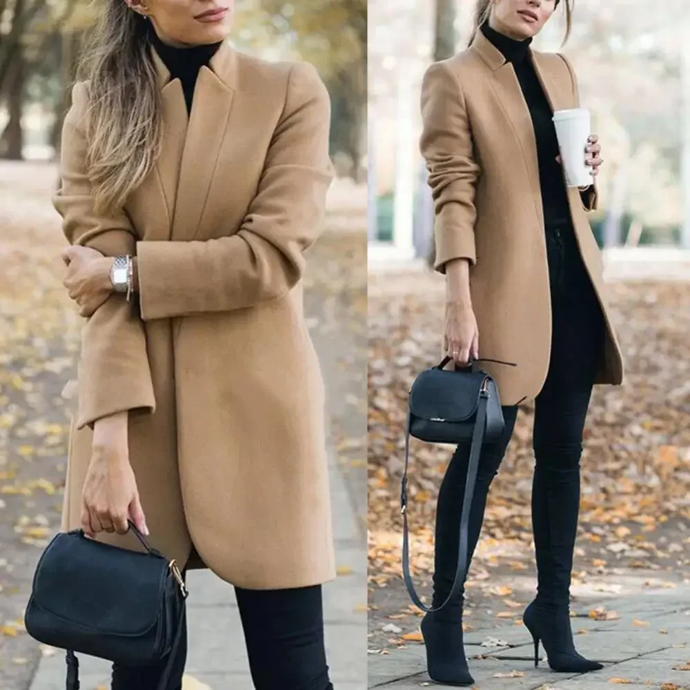 

Office Lady Autumn Solid Color Stand Collar Woolen Long Coat Cardigan