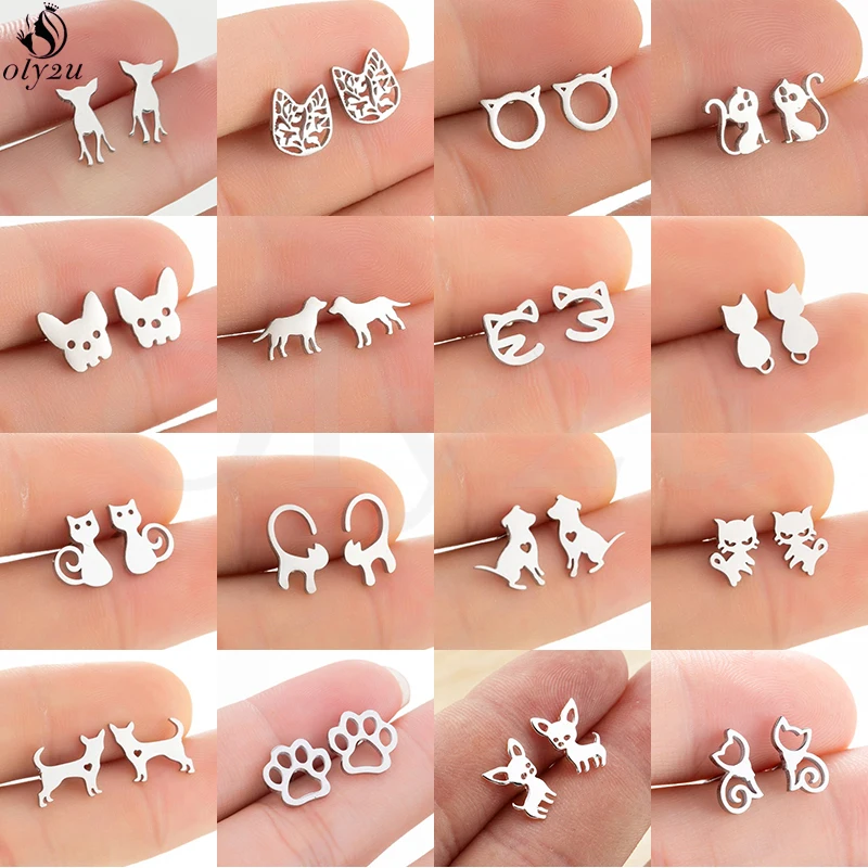 Lovely Stainless Steel Cat Dog Earrings for Women Minimalist Jewelry Small Animal Kitten Paw Stud Earrings Birthday Gift Friend