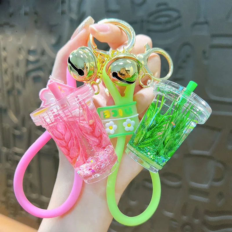 Unique Colored Wheat Floating Liquid Keyring Cartoon Milk Tea Cup Moving Grain Quicksand Pendant Keychain Bag Summer Ornaments