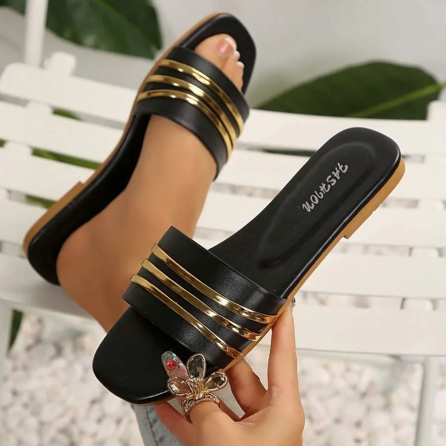 Women's Shoes, Ladies' Fashionable Slippers, Classic and Versatile, Metal-Decorated Square-Toe Flat Sandals, Leopard Print