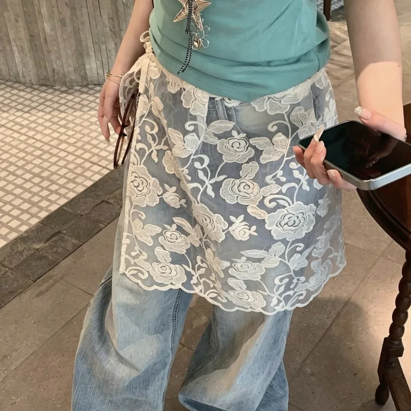 Y2k Vintage Lace Skirts For Women Floral Organza Spring Summer Mini Skirt Extender Korean Fashion Versatile Faldas Mujer