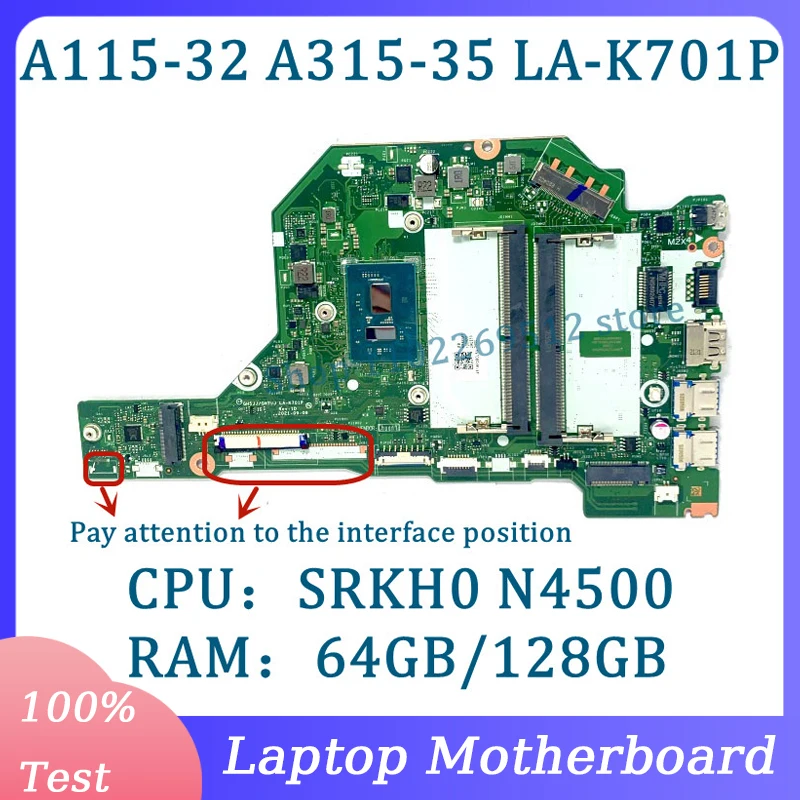 LA-K701P NBA6M11008/NBA6M11004/NBA6W11003 For Acer A115-32 A315-35 Laptop Motherboard With SRKH0 N4500 CPU 64GB/128GB 100%Tested