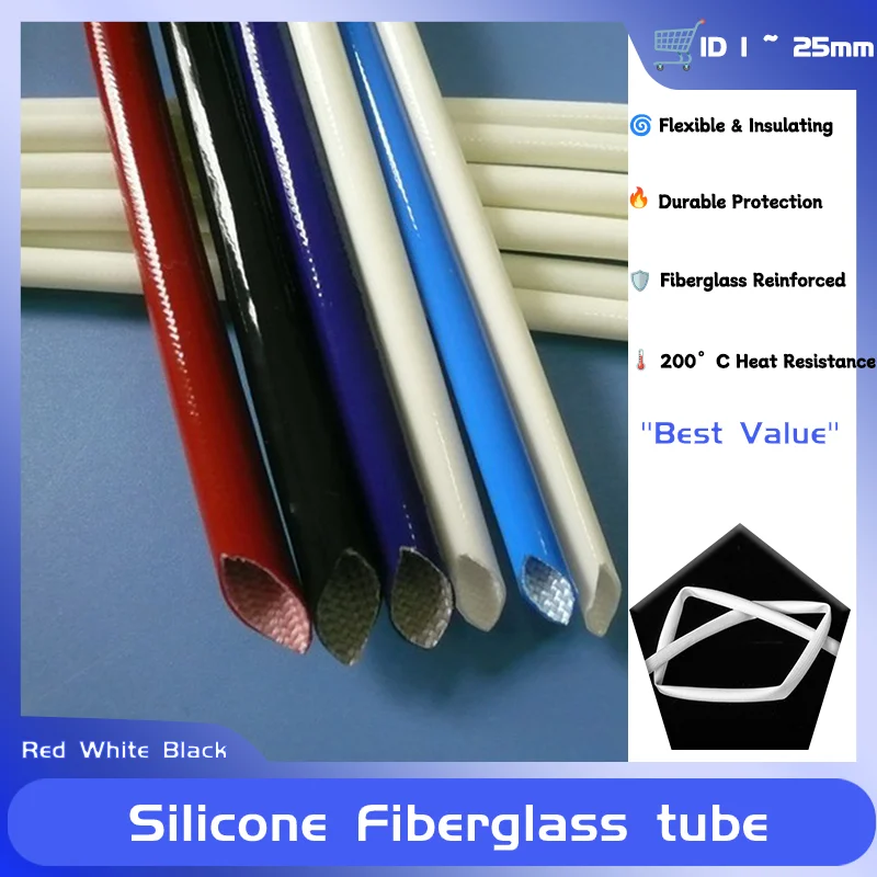 

1M ID 1 ~ 25mm Silicone Fiberglass Sleeving Flame Resistant Silicone Resin Insulate Cable Protect Tubing 200 Deg.C Fiberglass