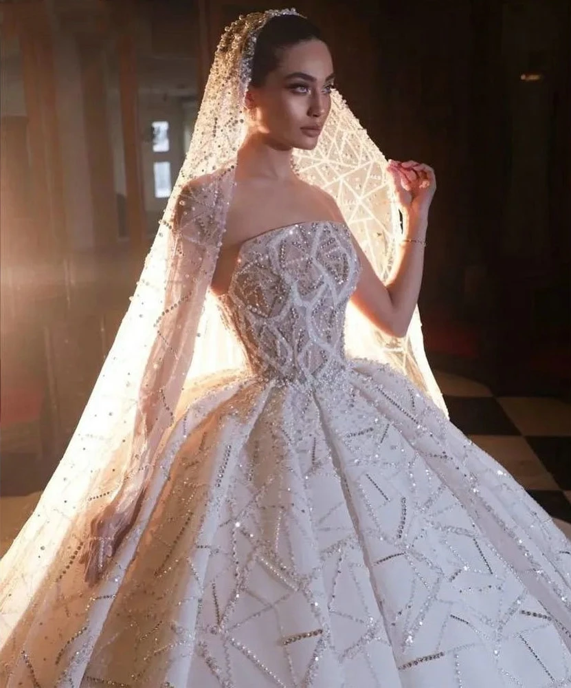 Robe de Mariée Élégante Sans Bretelles à Paillettes, Perles, Boule de Mariée, Quelle que soit la Tenue Éducative