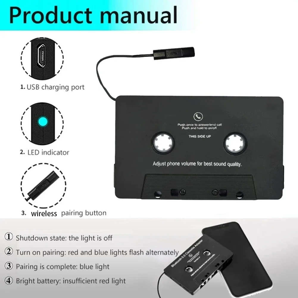 

Универсальная кассета Bluetooth 5.0 адаптер кассетный конвертер автомобильная лента Aux стерео музыкальный адаптер USB зарядка с микрофоном