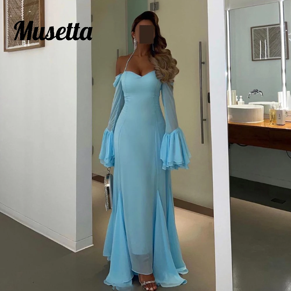 

Musetta Modern Chiffon Prom Dresses Halter Neck Frill Long Sleeves Evening Gowns A-Line Backless Vestidos De Noche Customized