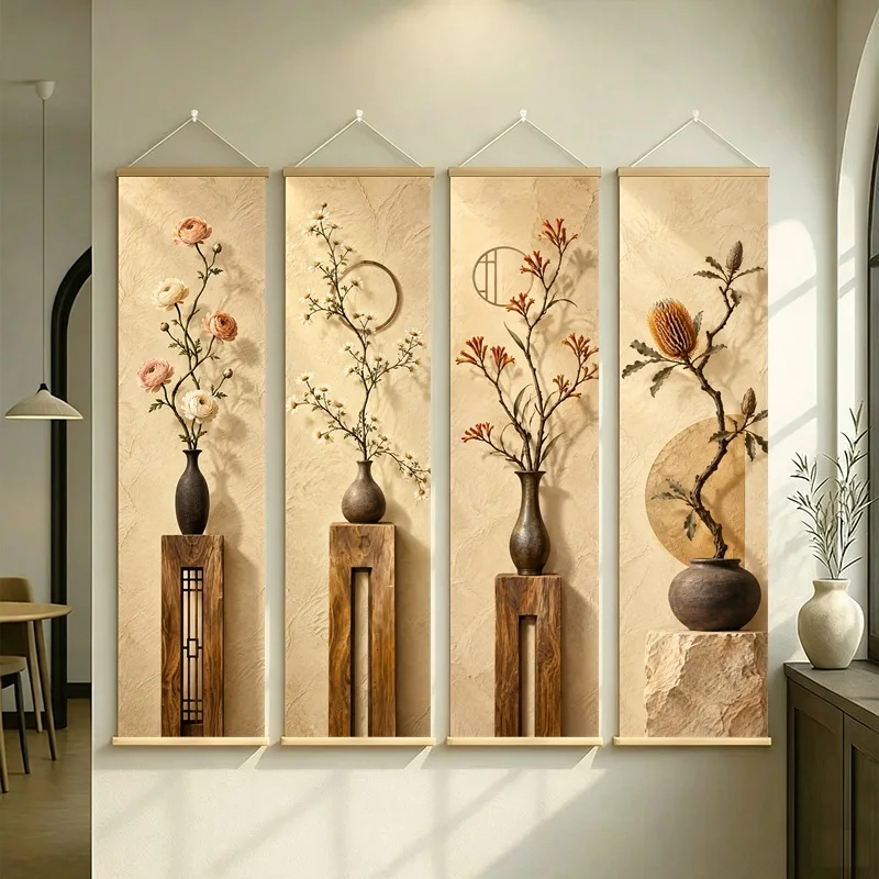 Wall Art Banksia and Kangaroo Paw, Natural Wabi-Sabi Botanical Silver Shimmer Canvas Hanging Scroll for Peaceful Tea Room