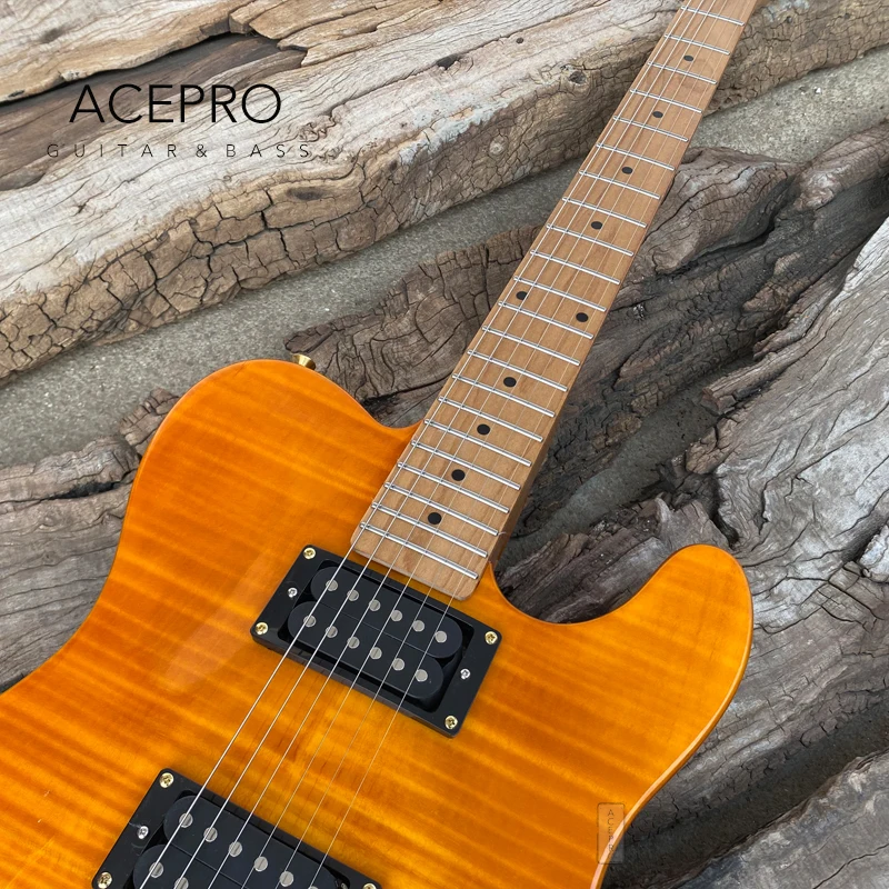 Acepro Electric Guitar, Yellow Flame Maple, Curved Top, Stainless Steel Frets, Mahogany Body, Roasted Maple Neck, Gold Hardware