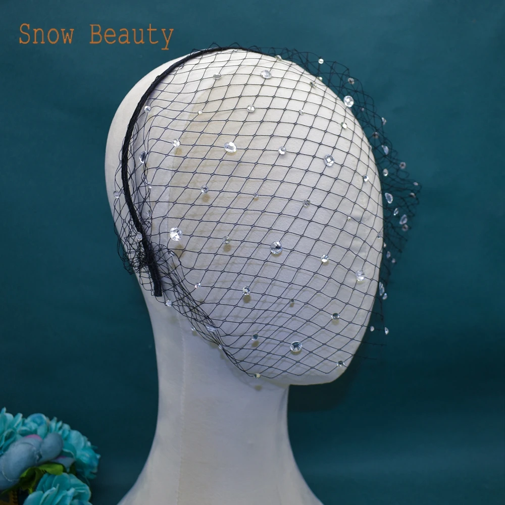 JM24 Bridal Short Veil with Rhinestone Fascinator Mesh Veil Single-layered Birdcage Veil for Wedding White Blusher Headpiece