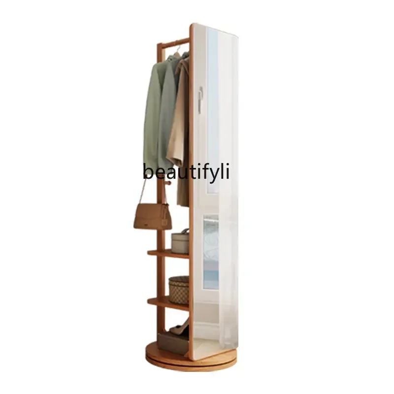 

Solid Wood Full-Length Mirror Floor Mirror Household Bedroom Rotatable Mobile Belt Clothes Rack Integrated Dressing Mirror