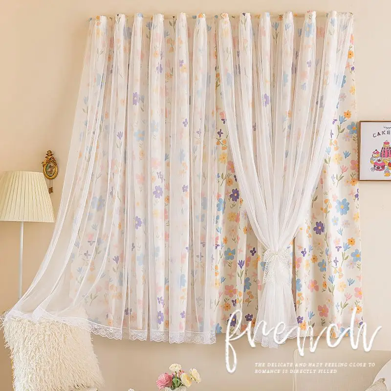2 Panels Flower Hook and Loop Curtains No-Drill Self-Adhesive Shading Window Drapes Translucent Curtain for Bedroom Living Room