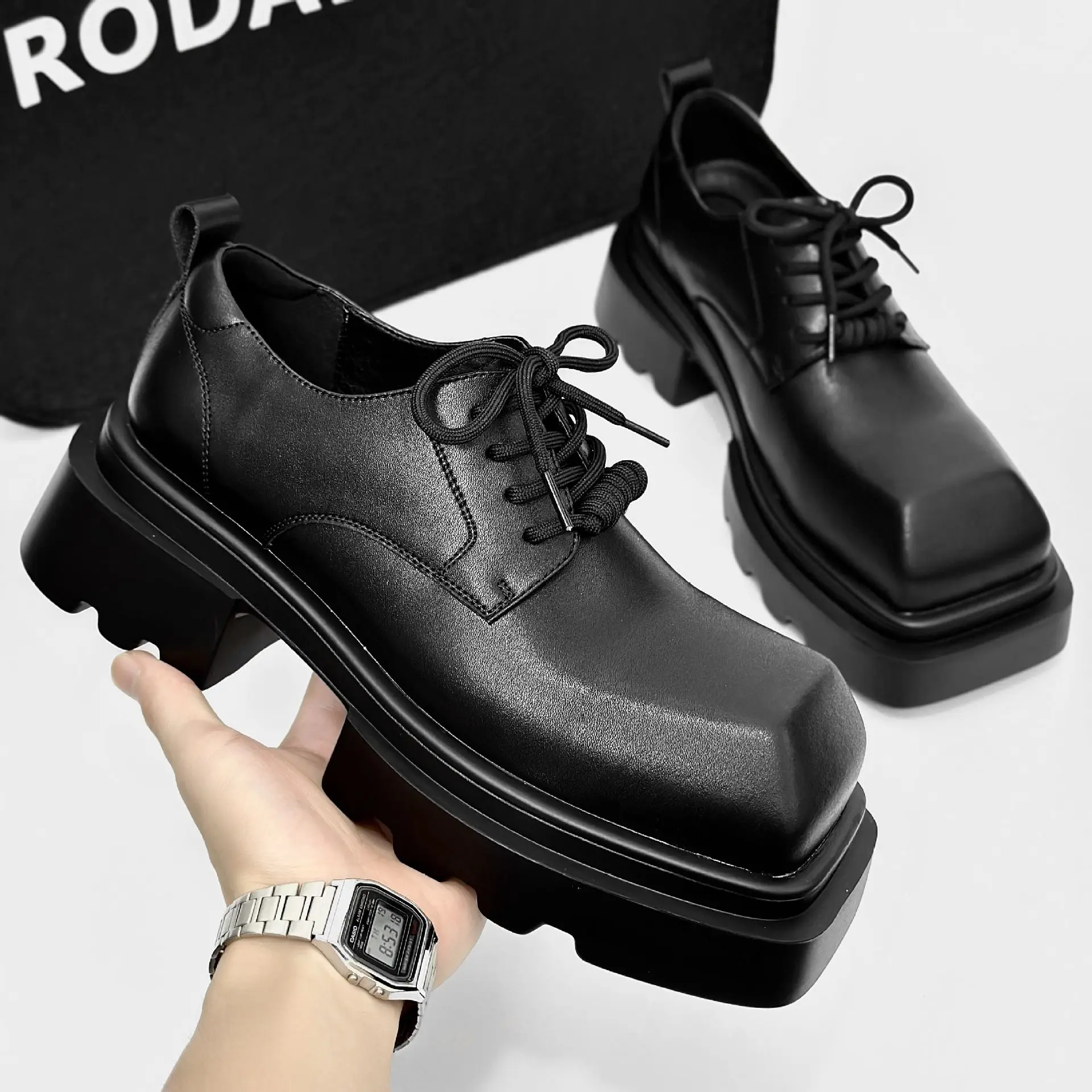 Square Head Leather Men's 2025 New British Style Shoes Platform Height-increasing Wedding Party Groom Sneakers Derby Boots