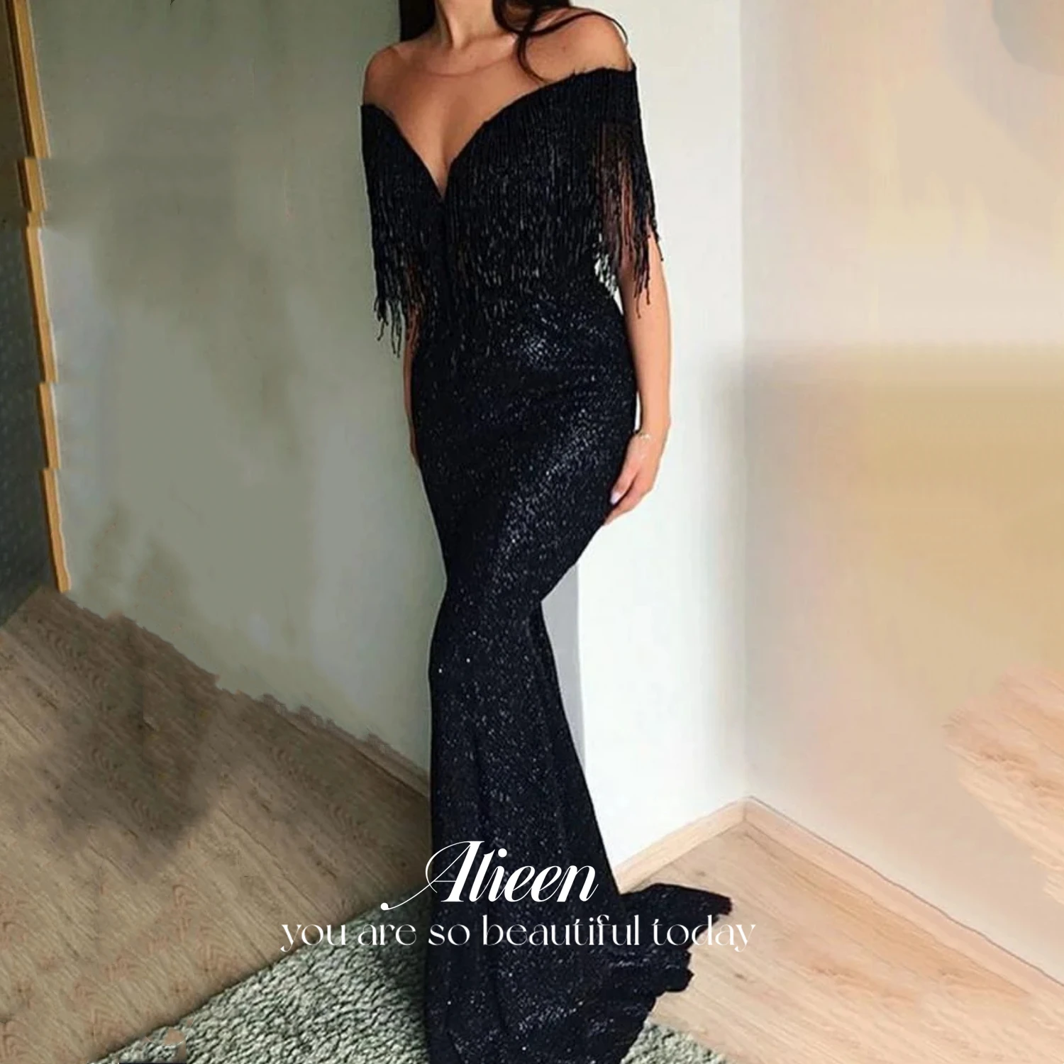 

Aileen Women's Luxury Party Dress Party Evening Elegant Luxury Celebrity Grace Tassel Decoration Mermaid Black Sexy Prom Dresses