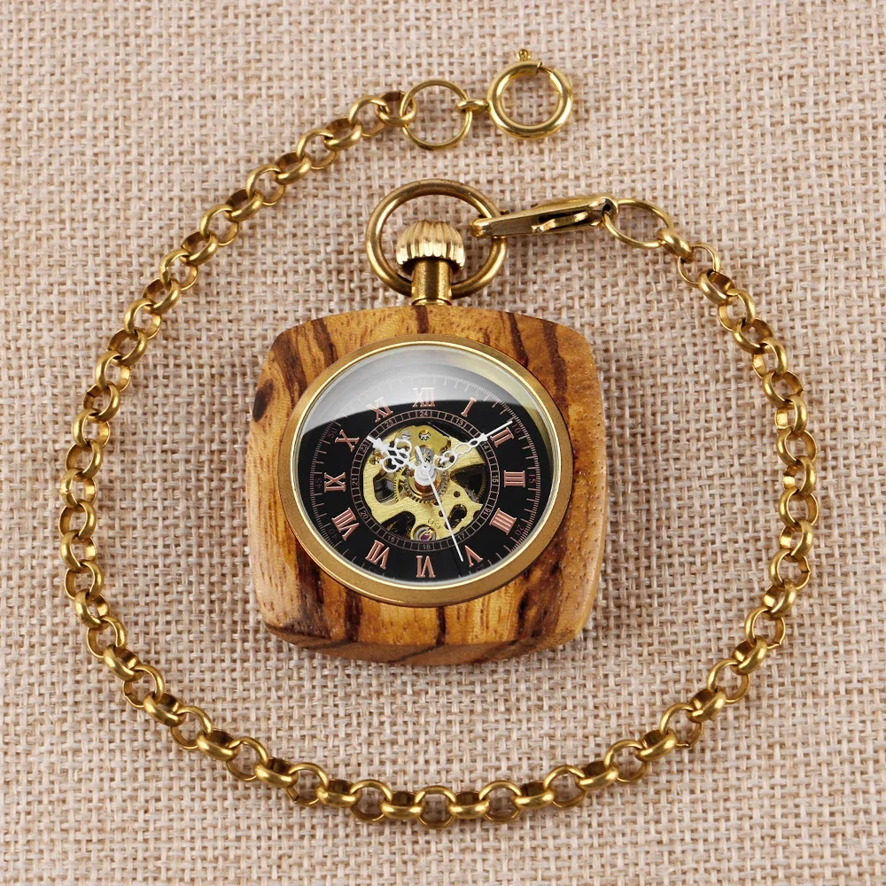 Creative Square Wood Pocket Watches Mechanical For Men Women Vintage Hand Wind Fob Watch 80cm Chain Art Collection