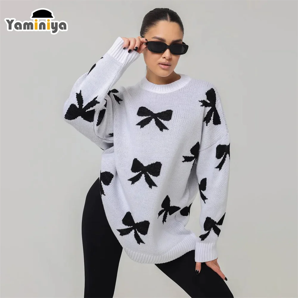 Yaminiya Winter Strik Grafische Schattige Zwarte Truien Vrouwen Losse Lange Mouw Gebreide Casual Basic Outwear Herfst Pullover Elegant