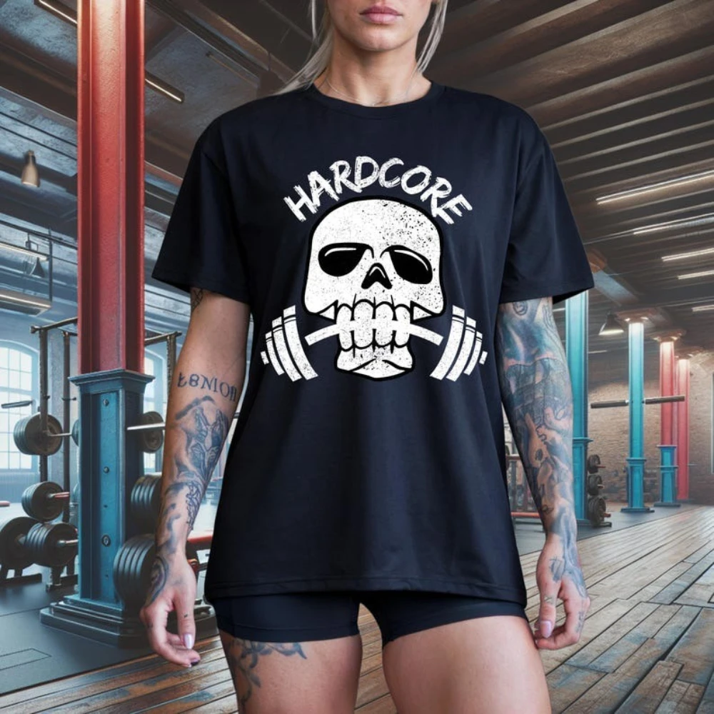 Skull Barbell Woman T-Shirt Workout Fitness Weightlifting Muscle Bodybuilding Gym Apparel Graphic Strength Training Motivational