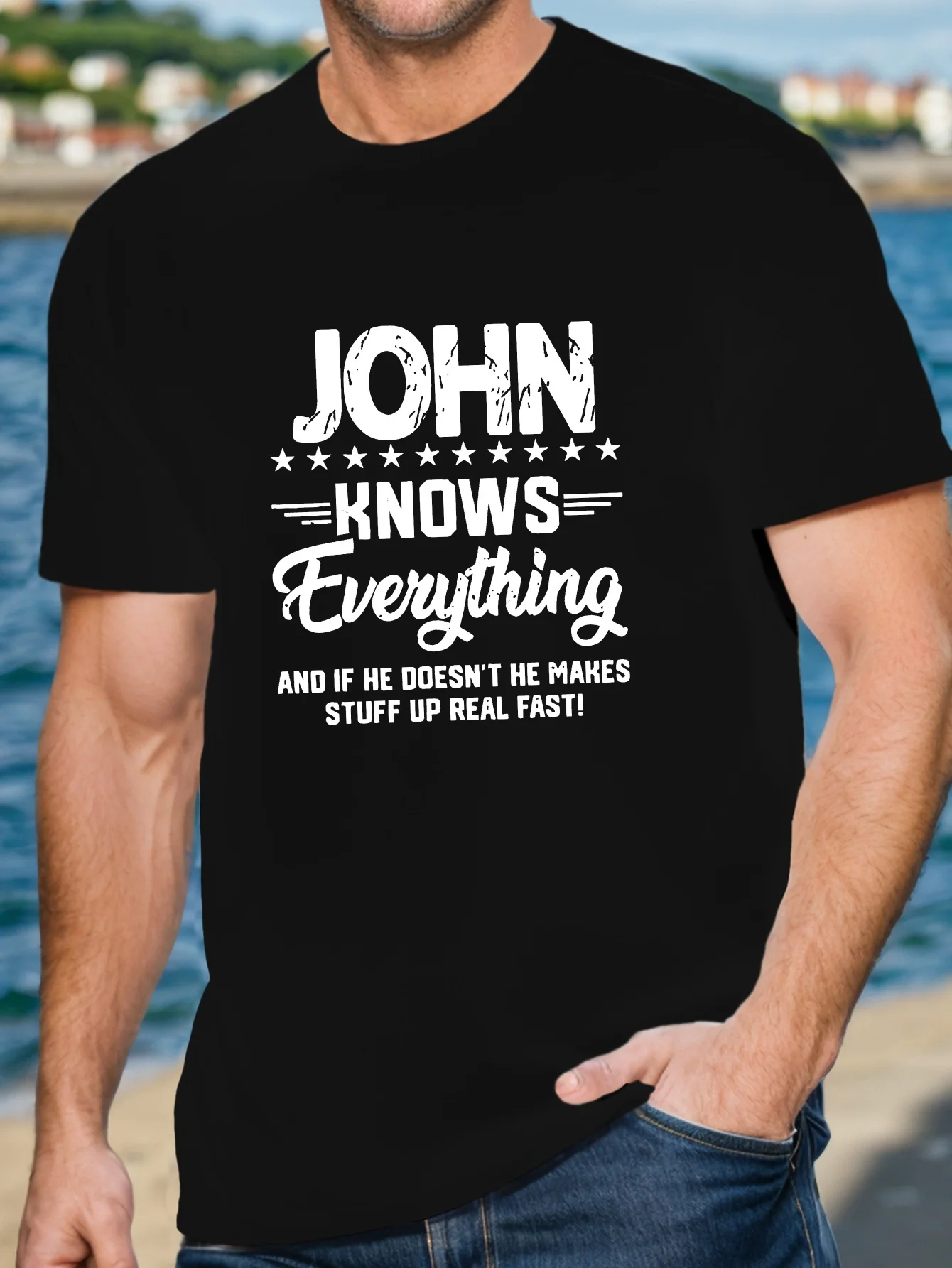 Funny Men's Black Graphic T-Shirt John Knows Everything Humorous Bold Letter Slogan Stars Distressed Typography Print 100% Cotton Heavyweight Short Sleeve Casual Streetwear Tee