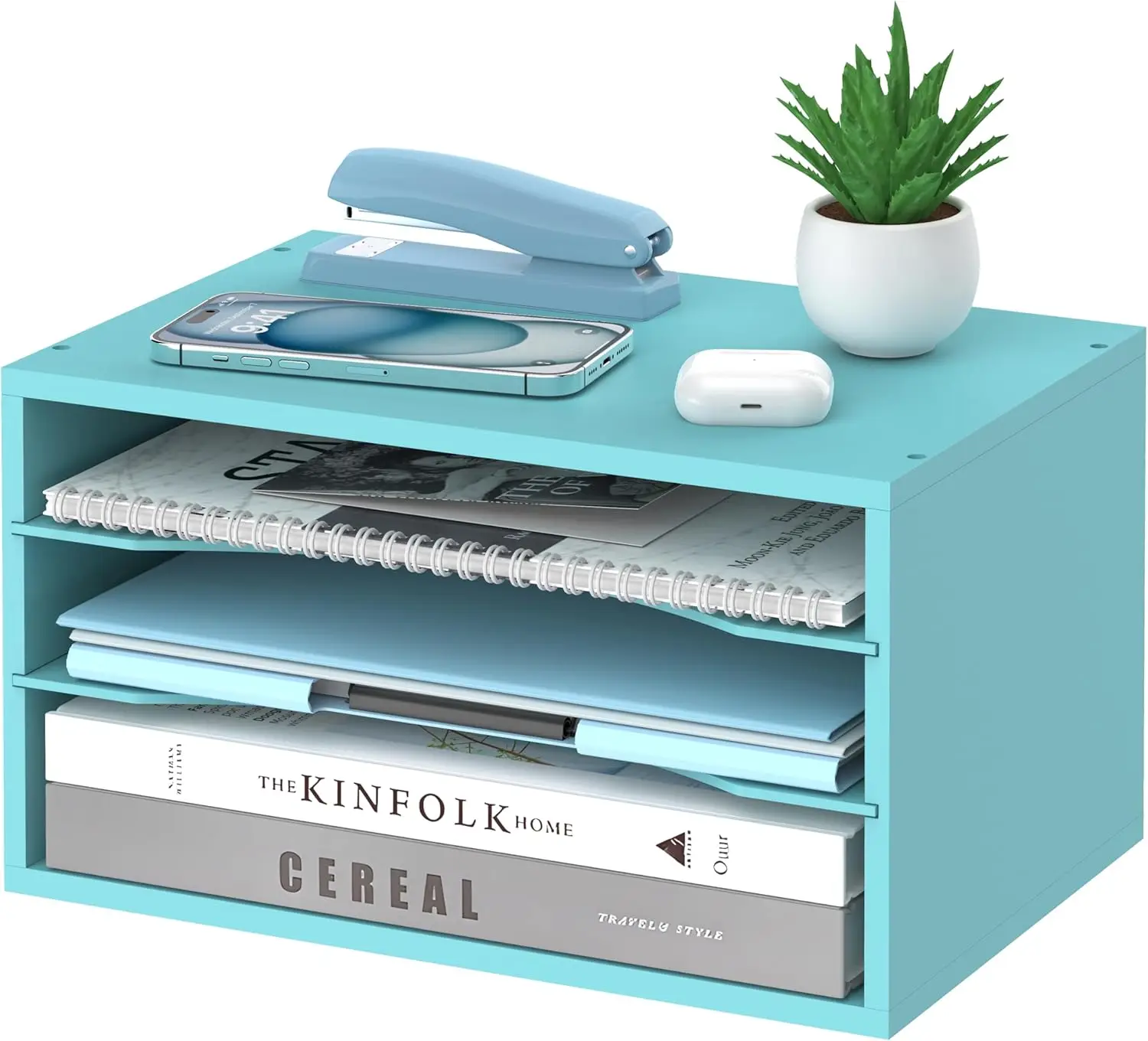 

3 Tier Wood Desk Organizer with Adjustable Shelves, Paper Tray Sorter for Office Home Classroom, Blue