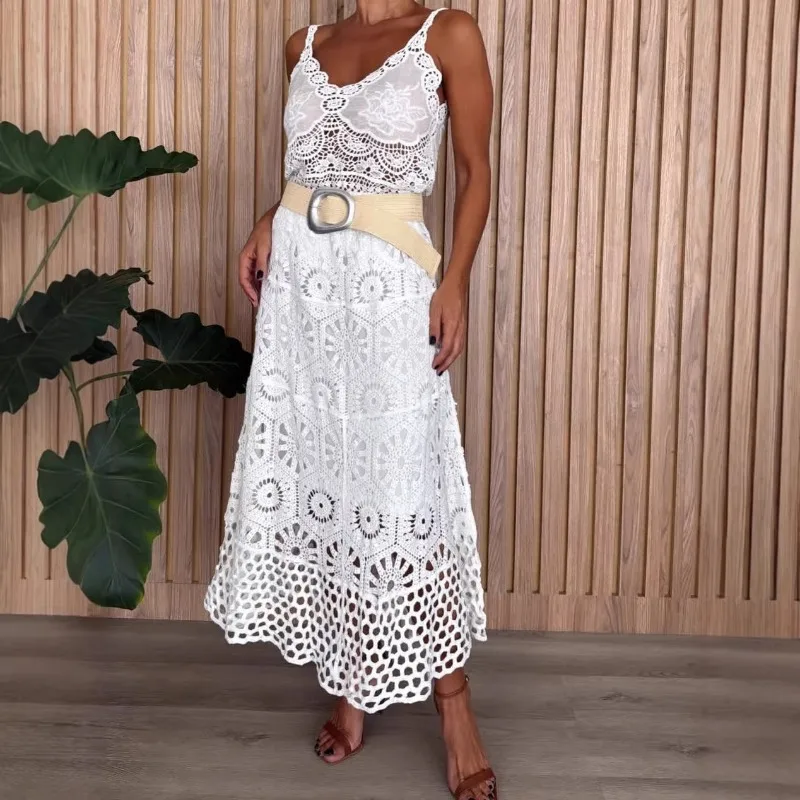 Women's Boho Crochet Maxi Skirt High Waist Tiered Hollow Out Lace Trim Flowy Long Skirt for Summer Beach Vacation Casual Outfits